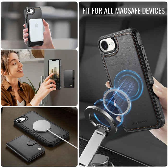 JEEHOOD For iPhone 17e / 16e Case  J09 RFID Blocking Card Holder Leather Back Phone Cover Compatible with MagSafe - Black - 6