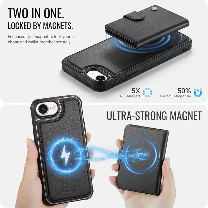JEEHOOD For iPhone 17e / 16e Case  J09 RFID Blocking Card Holder Leather Back Phone Cover Compatible with MagSafe - Black - 7