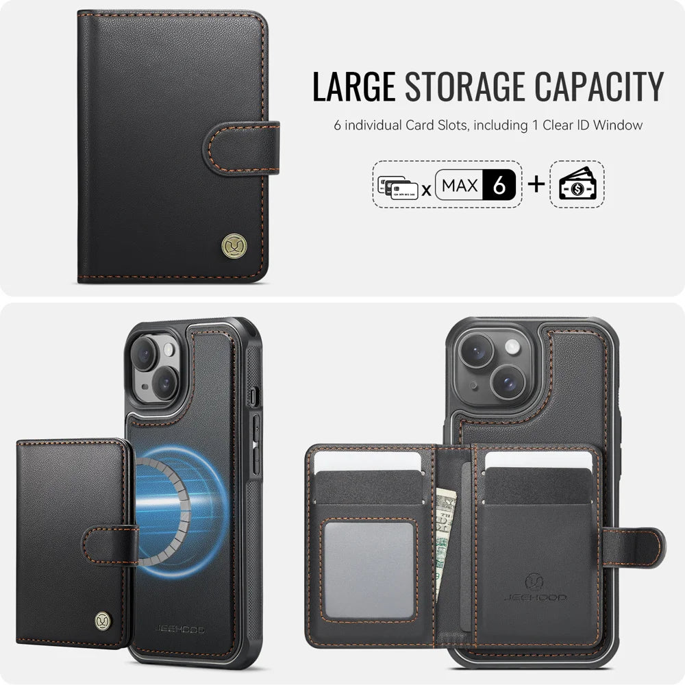 JEEHOOD For iPhone 14 Case  J09 RFID Blocking Card Holder Leather Back Phone Cover Compatible with MagSafe - Black - 3
