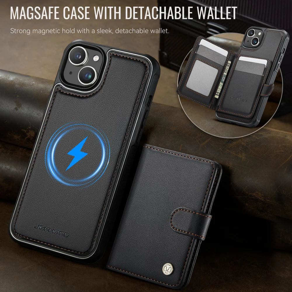 JEEHOOD For iPhone 14 Case  J09 RFID Blocking Card Holder Leather Back Phone Cover Compatible with MagSafe - Black - 5
