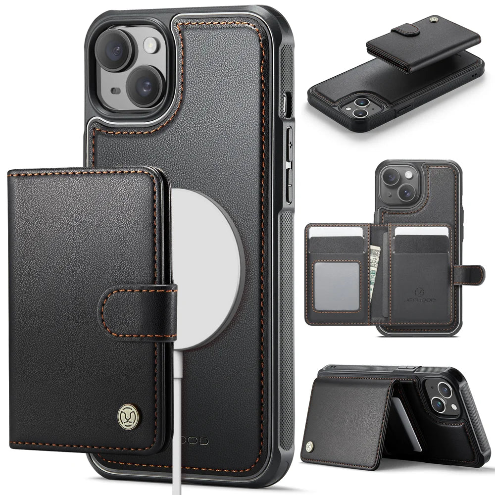 JEEHOOD For iPhone 15 Plus / iPhone 14 Plus Case  J09 RFID Blocking Card Holder Leather Back Phone Cover Compatible with MagSafe - Black - 1