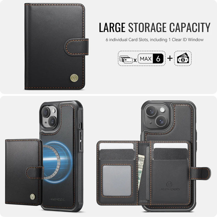 JEEHOOD For iPhone 15 Plus / iPhone 14 Plus Case  J09 RFID Blocking Card Holder Leather Back Phone Cover Compatible with MagSafe - Black - 3