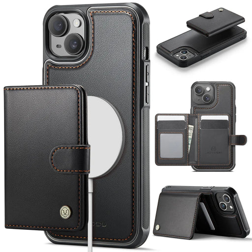 JEEHOOD For iPhone 15 Case  J09 RFID Blocking Card Holder Leather Back Phone Cover Compatible with MagSafe - Black - 1