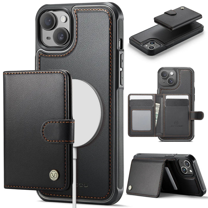 JEEHOOD For iPhone 15 Case  J09 RFID Blocking Card Holder Leather Back Phone Cover Compatible with MagSafe - Black - 1
