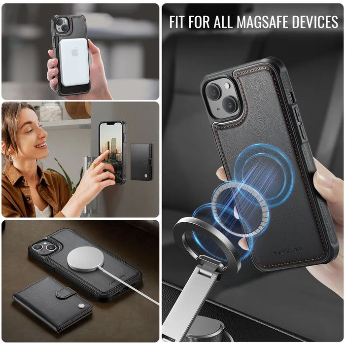 JEEHOOD For iPhone 15 Case  J09 RFID Blocking Card Holder Leather Back Phone Cover Compatible with MagSafe - Black - 6