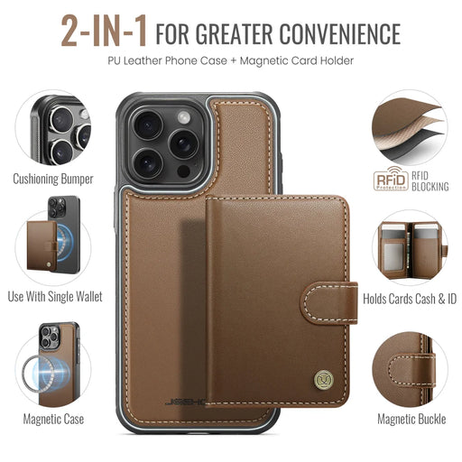 JEEHOOD For iPhone 15 Pro Case  J09 RFID Blocking Card Holder Leather Back Phone Cover Compatible with MagSafe - Brown - 2