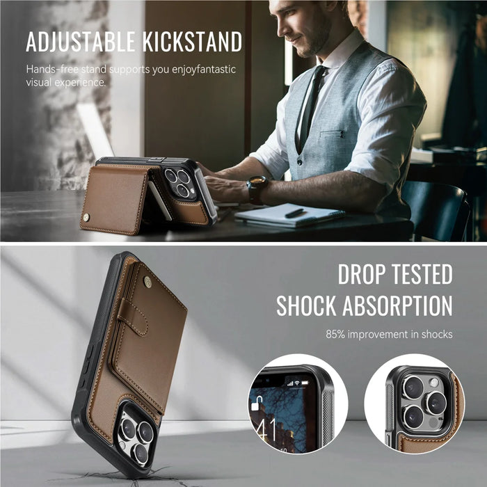 JEEHOOD For iPhone 15 Pro Case  J09 RFID Blocking Card Holder Leather Back Phone Cover Compatible with MagSafe - Brown - 4