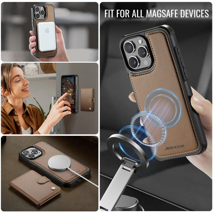 JEEHOOD For iPhone 15 Pro Case  J09 RFID Blocking Card Holder Leather Back Phone Cover Compatible with MagSafe - Brown - 6
