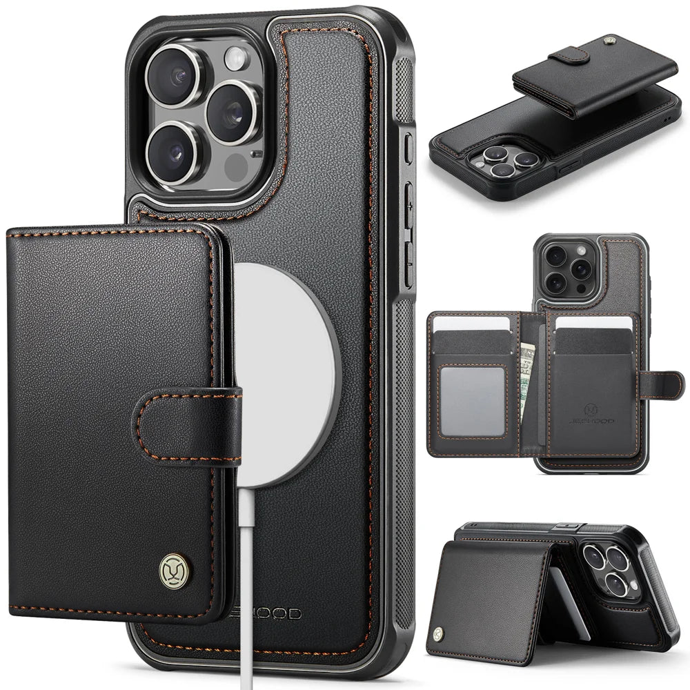 JEEHOOD For iPhone 14 Pro Case  J09 RFID Blocking Card Holder Leather Back Phone Cover Compatible with MagSafe - Black - 1