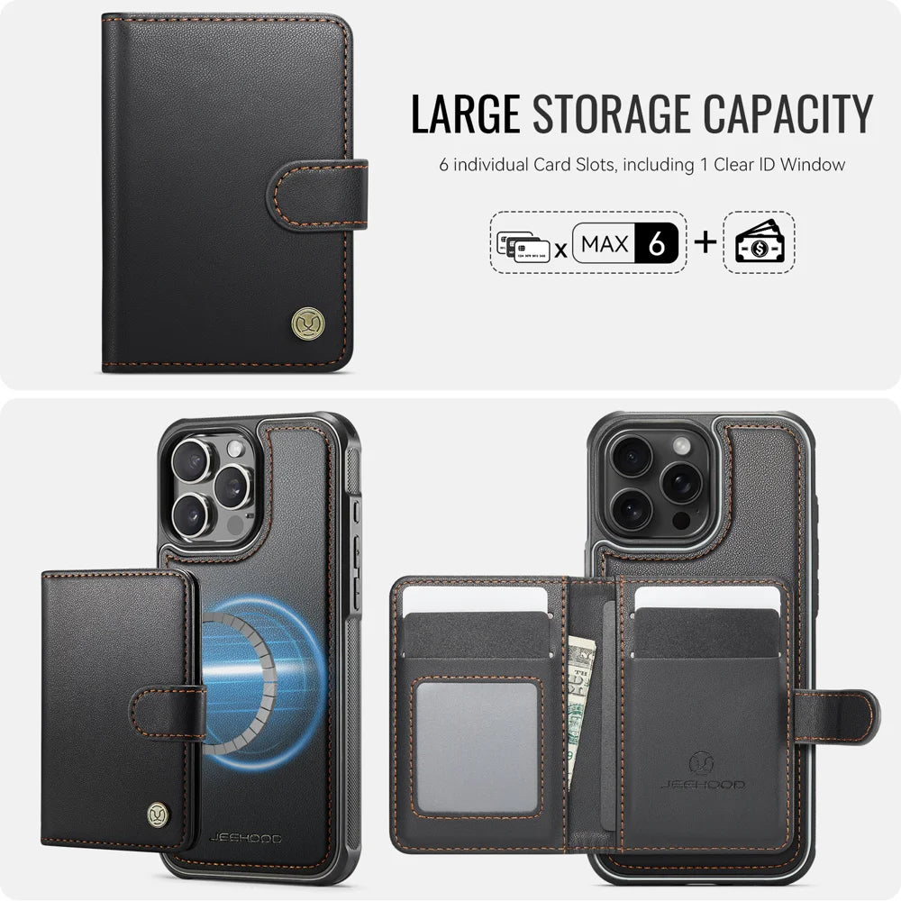 JEEHOOD For iPhone 14 Pro Case  J09 RFID Blocking Card Holder Leather Back Phone Cover Compatible with MagSafe - Black - 3