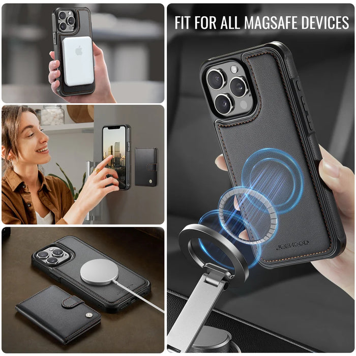 JEEHOOD For iPhone 14 Pro Case  J09 RFID Blocking Card Holder Leather Back Phone Cover Compatible with MagSafe - Black - 6