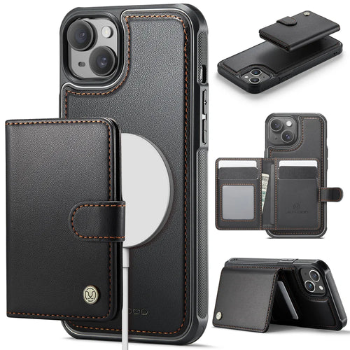 JEEHOOD For iPhone 13 6.1 inch Case  J09 RFID Blocking Card Holder Leather Back Phone Cover Compatible with MagSafe - Black - 1