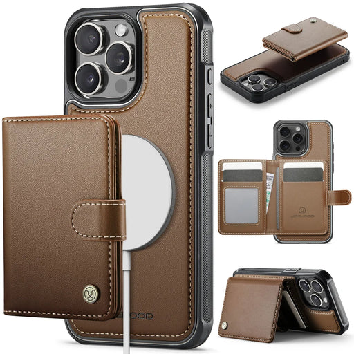 JEEHOOD For iPhone 15 Pro Max Case  J09 RFID Blocking Card Holder Leather Back Phone Cover Compatible with MagSafe - Brown - 1