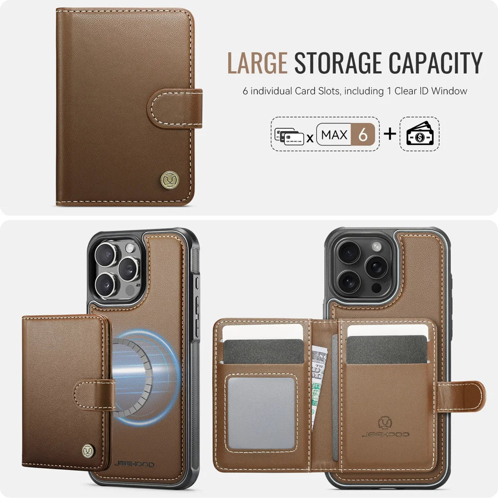 JEEHOOD For iPhone 13 Pro 6.1 inch Case  J09 RFID Blocking Card Holder Leather Back Phone Cover Compatible with MagSafe - Brown - 3