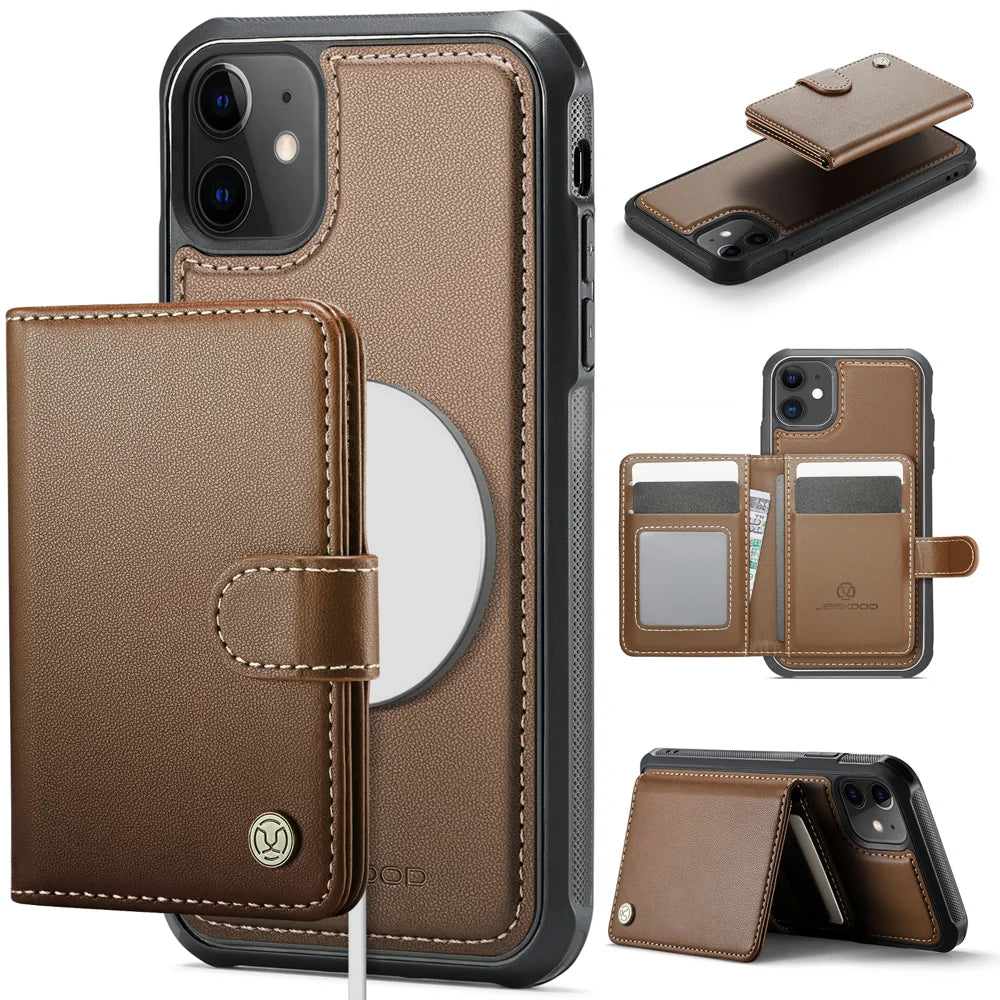 JEEHOOD For iPhone 11 Case  J09 RFID Blocking Card Holder Leather Back Phone Cover Compatible with MagSafe - Brown - 1