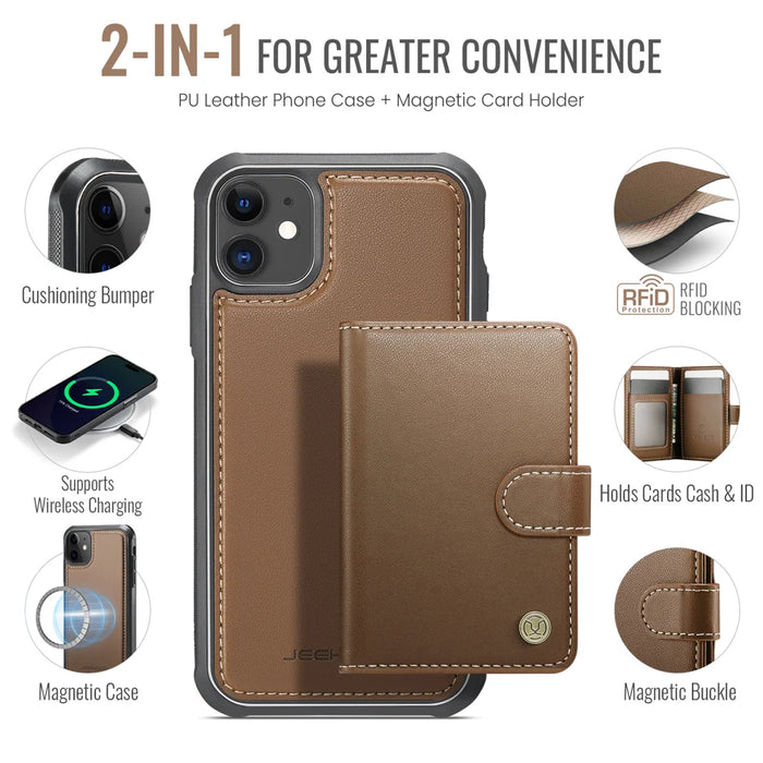 JEEHOOD For iPhone 11 Case  J09 RFID Blocking Card Holder Leather Back Phone Cover Compatible with MagSafe - Brown - 2