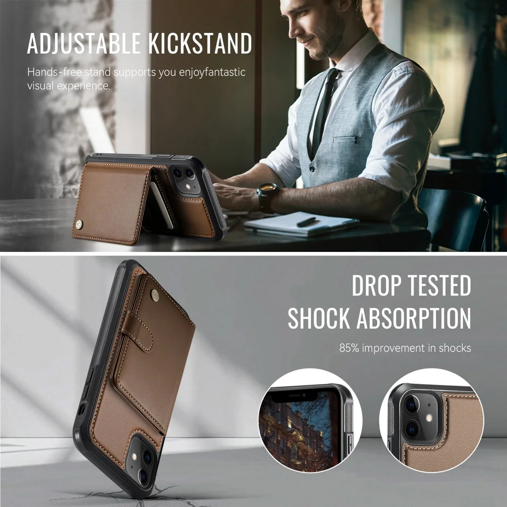 JEEHOOD For iPhone 11 Case  J09 RFID Blocking Card Holder Leather Back Phone Cover Compatible with MagSafe - Brown - 4