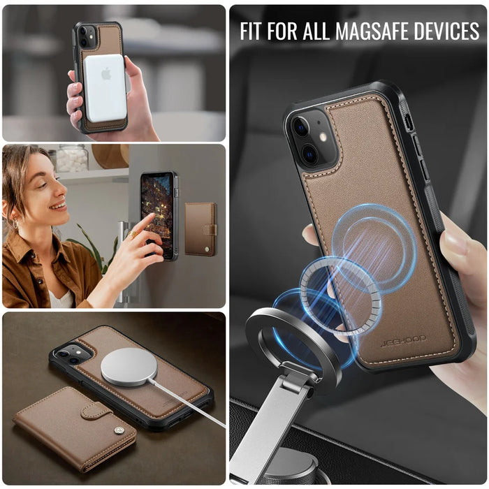 JEEHOOD For iPhone 11 Case  J09 RFID Blocking Card Holder Leather Back Phone Cover Compatible with MagSafe - Brown - 6