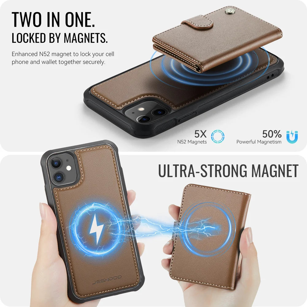 JEEHOOD For iPhone 11 Case  J09 RFID Blocking Card Holder Leather Back Phone Cover Compatible with MagSafe - Brown - 7