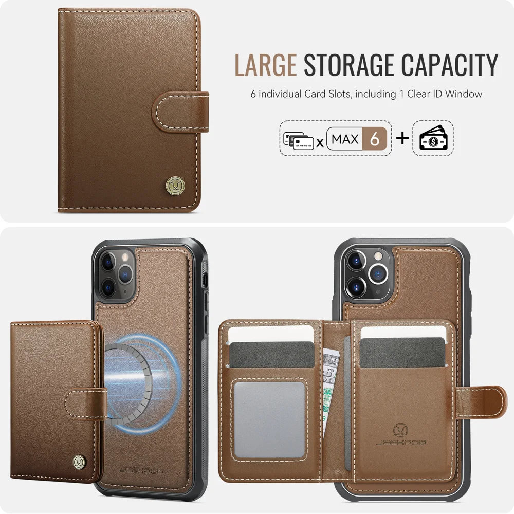 JEEHOOD For iPhone 11 Pro Case  J09 RFID Blocking Card Holder Leather Back Phone Cover Compatible with MagSafe - Brown - 3