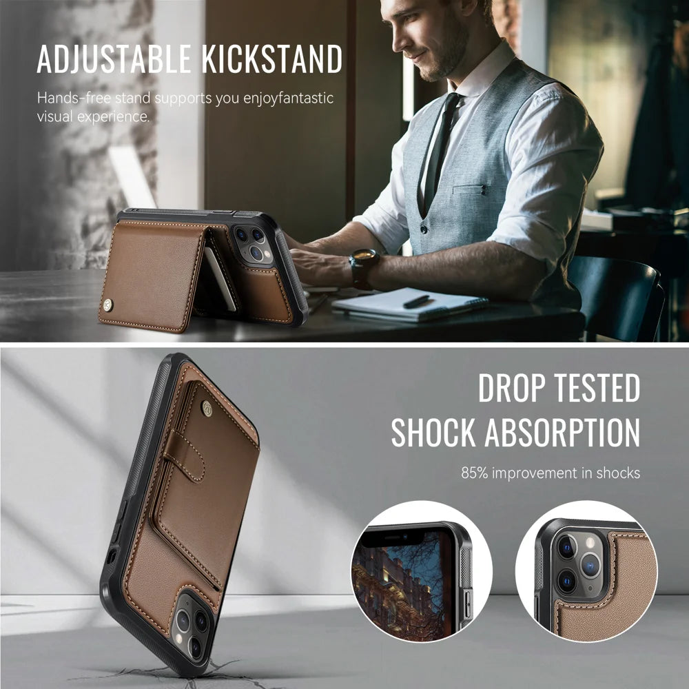 JEEHOOD For iPhone 11 Pro Case  J09 RFID Blocking Card Holder Leather Back Phone Cover Compatible with MagSafe - Brown - 4