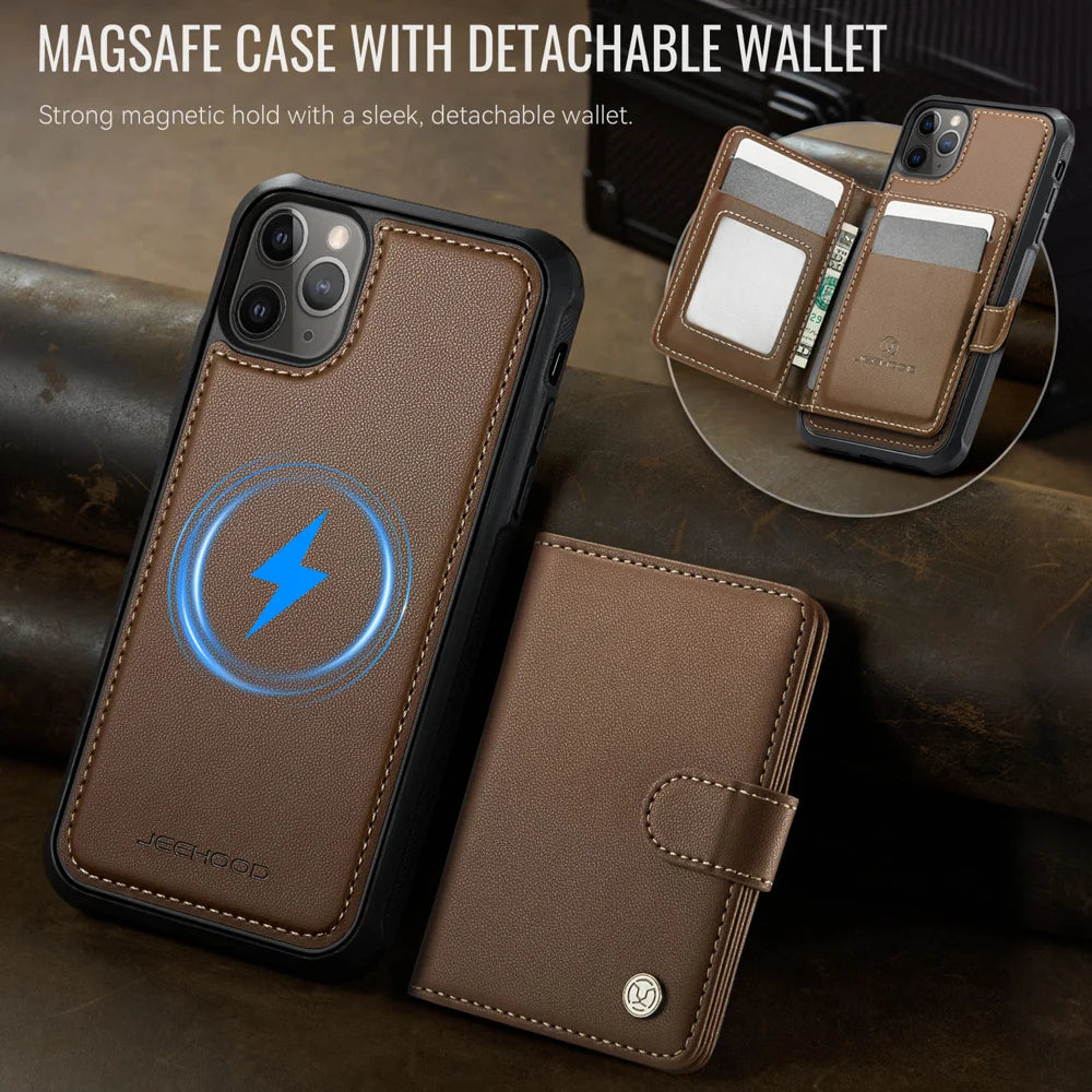 JEEHOOD For iPhone 11 Pro Case  J09 RFID Blocking Card Holder Leather Back Phone Cover Compatible with MagSafe - Brown - 5