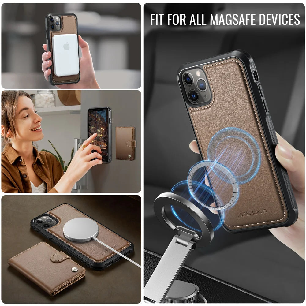 JEEHOOD For iPhone 11 Pro Max Case  J09 RFID Blocking Card Holder Leather Back Phone Cover Compatible with MagSafe - Brown - 6
