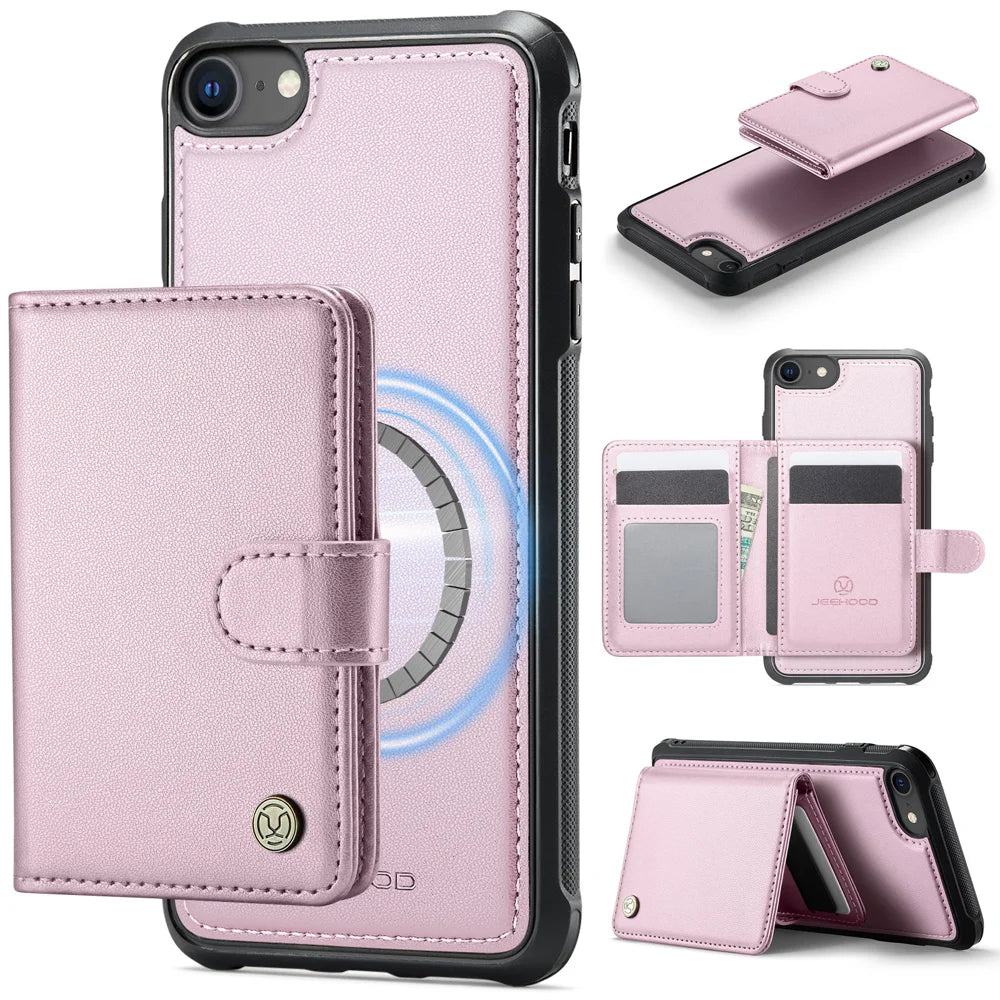 JEEHOOD For iPhone 8 4.7 inch / iPhone SE (2020) / iPhone SE (2022) / iPhone 7 4.7 inch Case  J09 RFID Blocking Card Holder Leather Back Phone Cover Compatible with MagSafe - Pink - 1