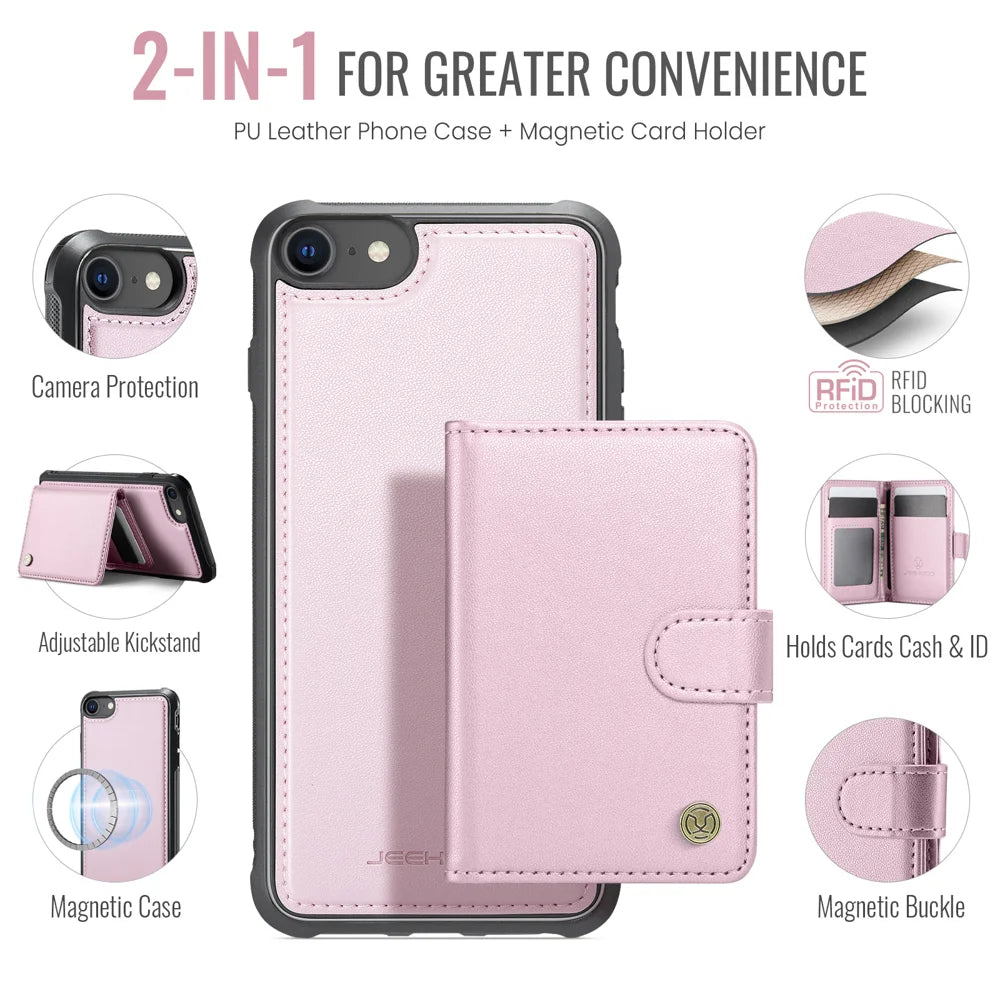 JEEHOOD For iPhone 8 4.7 inch / iPhone SE (2020) / iPhone SE (2022) / iPhone 7 4.7 inch Case  J09 RFID Blocking Card Holder Leather Back Phone Cover Compatible with MagSafe - Pink - 2