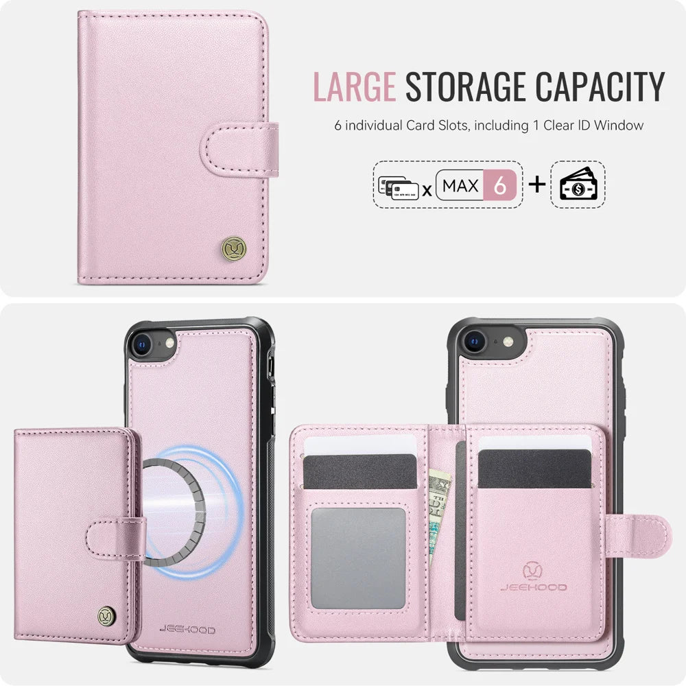 JEEHOOD For iPhone 8 4.7 inch / iPhone SE (2020) / iPhone SE (2022) / iPhone 7 4.7 inch Case  J09 RFID Blocking Card Holder Leather Back Phone Cover Compatible with MagSafe - Pink - 3