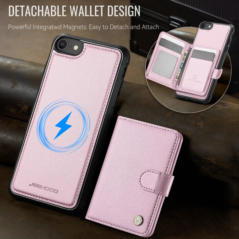 JEEHOOD For iPhone 8 4.7 inch / iPhone SE (2020) / iPhone SE (2022) / iPhone 7 4.7 inch Case  J09 RFID Blocking Card Holder Leather Back Phone Cover Compatible with MagSafe - Pink - 5