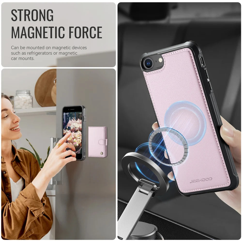 JEEHOOD For iPhone 8 4.7 inch / iPhone SE (2020) / iPhone SE (2022) / iPhone 7 4.7 inch Case  J09 RFID Blocking Card Holder Leather Back Phone Cover Compatible with MagSafe - Pink - 6
