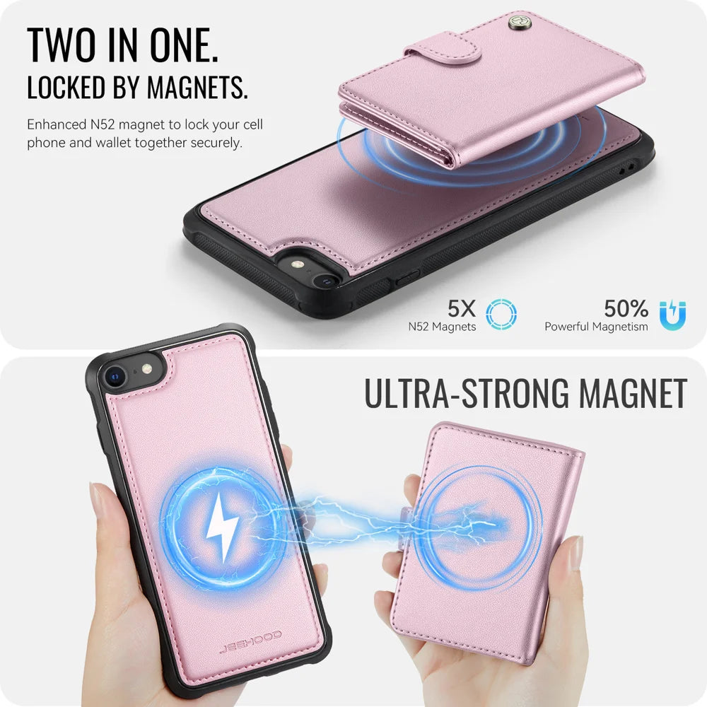JEEHOOD For iPhone 8 4.7 inch / iPhone SE (2020) / iPhone SE (2022) / iPhone 7 4.7 inch Case  J09 RFID Blocking Card Holder Leather Back Phone Cover Compatible with MagSafe - Pink - 7