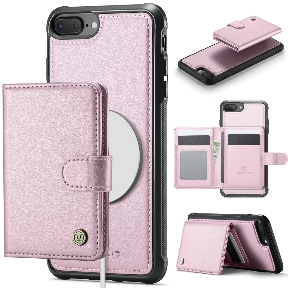 JEEHOOD For iPhone 8 Plus 5.5 inch / iPhone 7 Plus 5.5 inch Case  J09 RFID Blocking Card Holder Leather Back Phone Cover Compatible with MagSafe - Pink - 1
