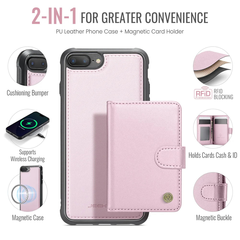 JEEHOOD For iPhone 8 Plus 5.5 inch / iPhone 7 Plus 5.5 inch Case  J09 RFID Blocking Card Holder Leather Back Phone Cover Compatible with MagSafe - Pink - 2