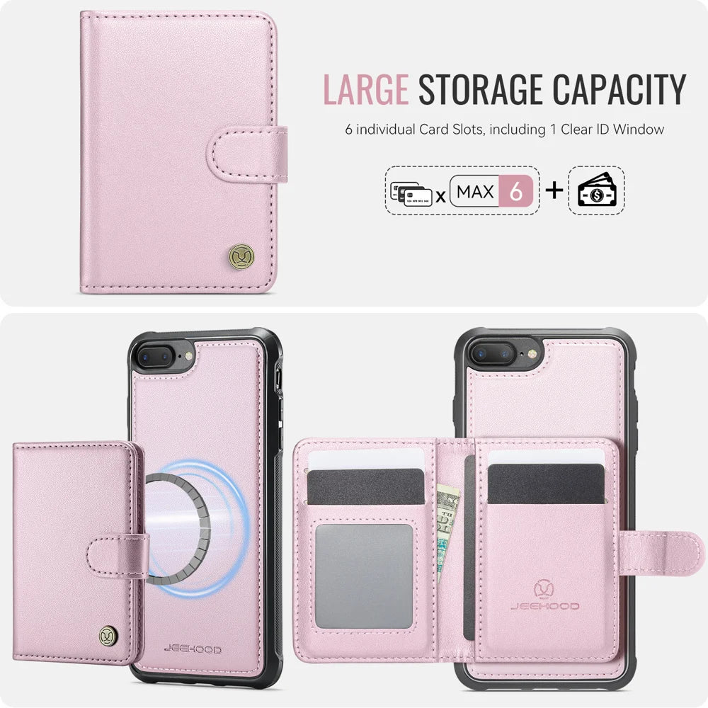 JEEHOOD For iPhone 8 Plus 5.5 inch / iPhone 7 Plus 5.5 inch Case  J09 RFID Blocking Card Holder Leather Back Phone Cover Compatible with MagSafe - Pink - 3