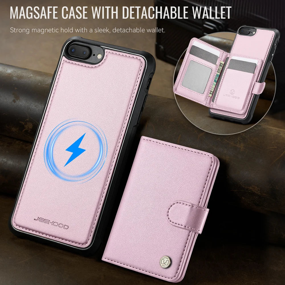 JEEHOOD For iPhone 8 Plus 5.5 inch / iPhone 7 Plus 5.5 inch Case  J09 RFID Blocking Card Holder Leather Back Phone Cover Compatible with MagSafe - Pink - 5