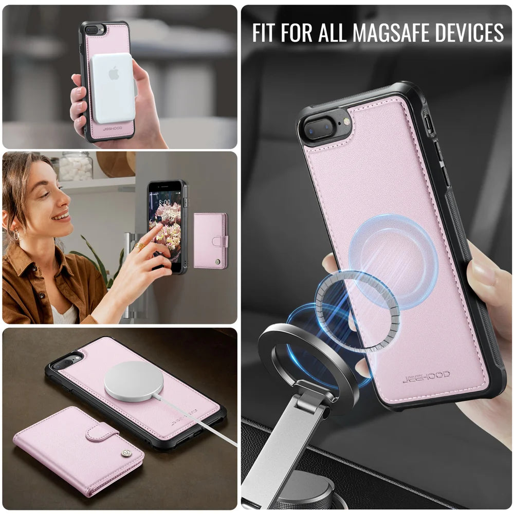 JEEHOOD For iPhone 8 Plus 5.5 inch / iPhone 7 Plus 5.5 inch Case  J09 RFID Blocking Card Holder Leather Back Phone Cover Compatible with MagSafe - Pink - 6