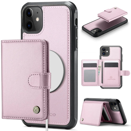 JEEHOOD For iPhone 12 Pro 6.1 inch / iPhone 12 6.1 inch Case  J09 RFID Blocking Card Holder Leather Back Phone Cover Compatible with MagSafe - Pink - 1