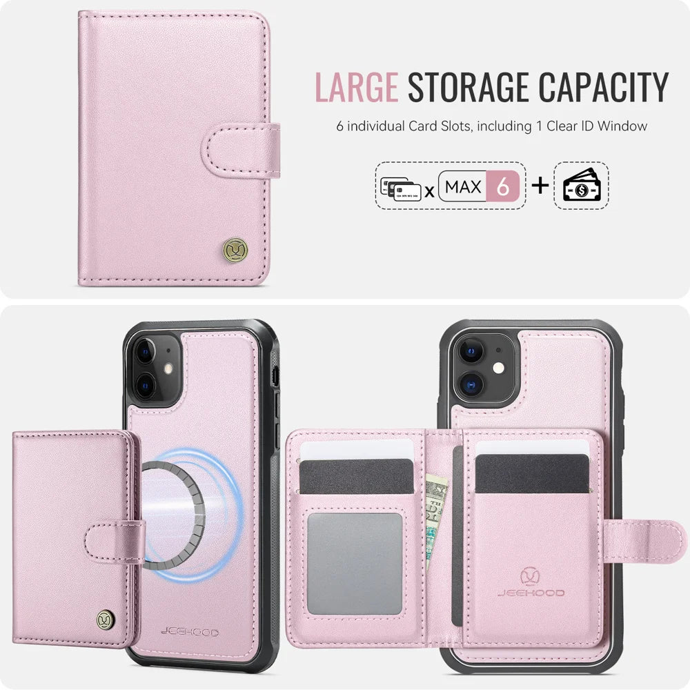 JEEHOOD For iPhone 12 Pro 6.1 inch / iPhone 12 6.1 inch Case  J09 RFID Blocking Card Holder Leather Back Phone Cover Compatible with MagSafe - Pink - 3