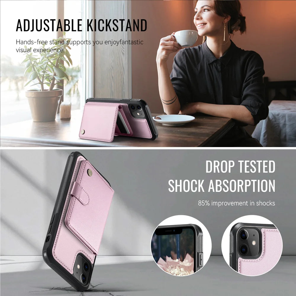 JEEHOOD For iPhone 12 Pro 6.1 inch / iPhone 12 6.1 inch Case  J09 RFID Blocking Card Holder Leather Back Phone Cover Compatible with MagSafe - Pink - 4