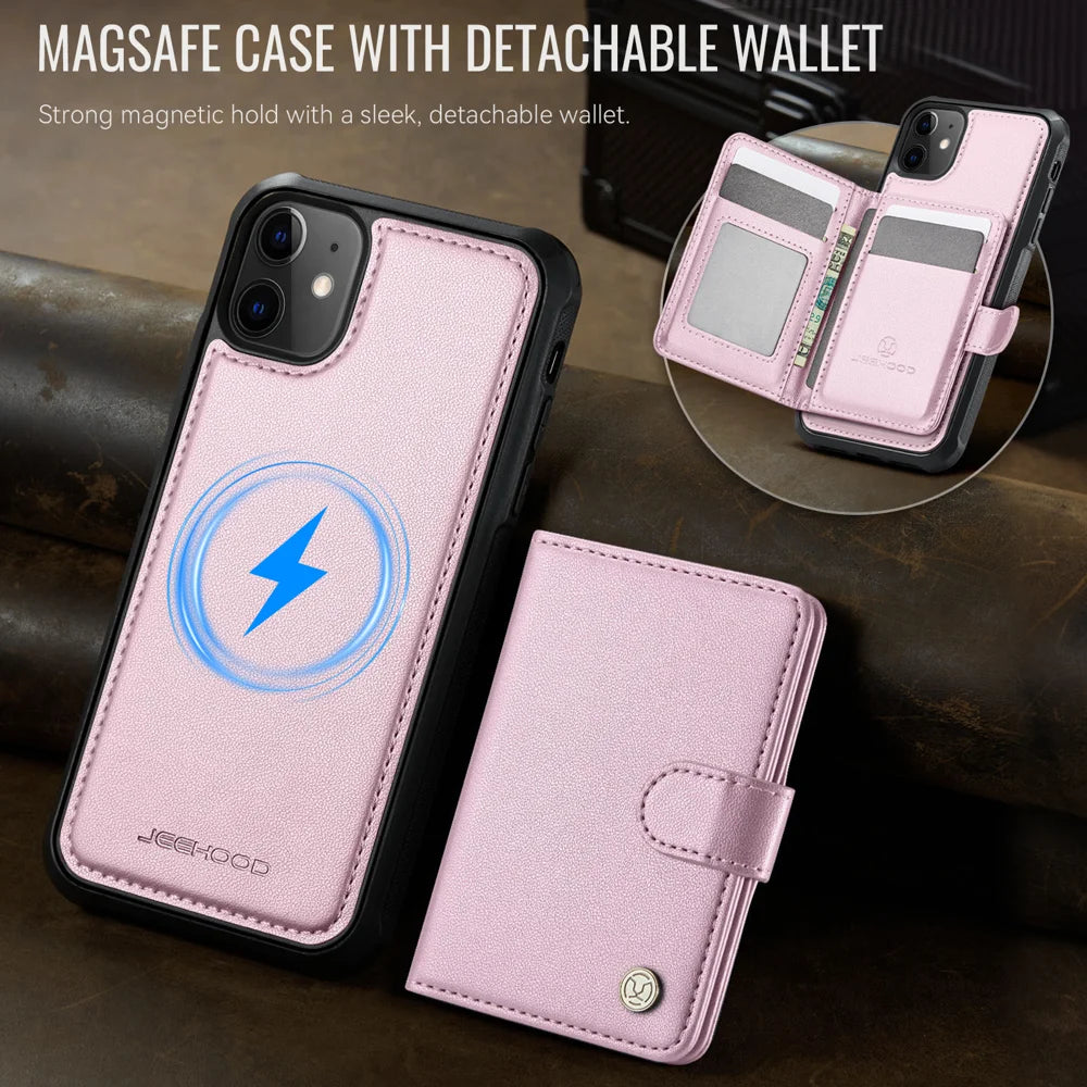 JEEHOOD For iPhone 12 Pro 6.1 inch / iPhone 12 6.1 inch Case  J09 RFID Blocking Card Holder Leather Back Phone Cover Compatible with MagSafe - Pink - 5