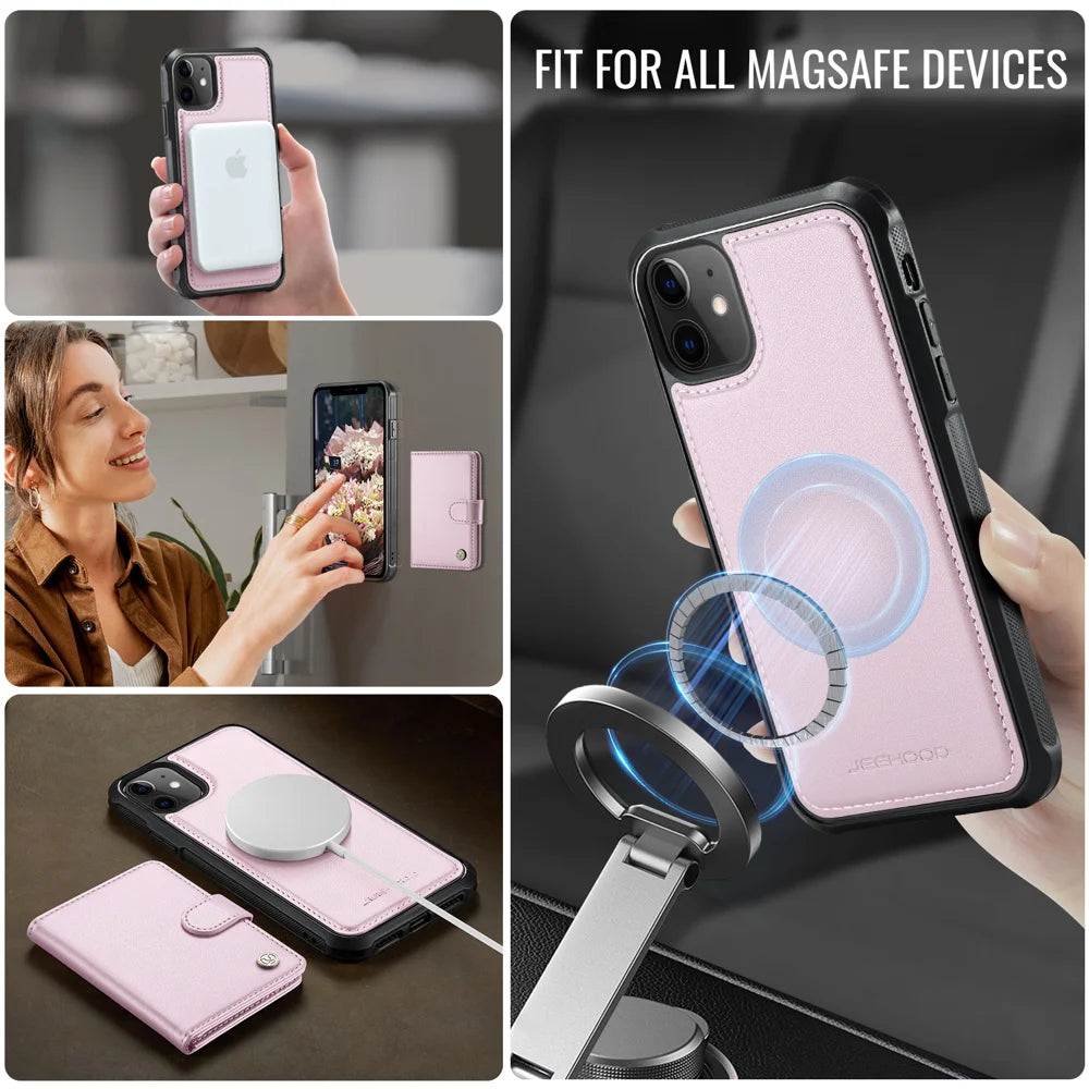 JEEHOOD For iPhone 12 Pro 6.1 inch / iPhone 12 6.1 inch Case  J09 RFID Blocking Card Holder Leather Back Phone Cover Compatible with MagSafe - Pink - 6