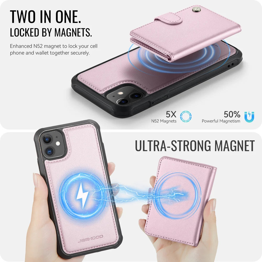 JEEHOOD For iPhone 12 Pro 6.1 inch / iPhone 12 6.1 inch Case  J09 RFID Blocking Card Holder Leather Back Phone Cover Compatible with MagSafe - Pink - 7