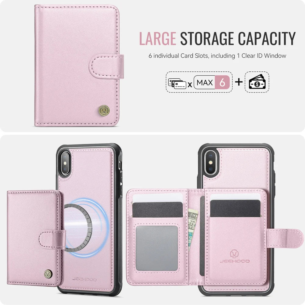 JEEHOOD For iPhone XS Max 6.5 inch Case  J09 RFID Blocking Card Holder Leather Back Phone Cover Compatible with MagSafe - Pink - 3