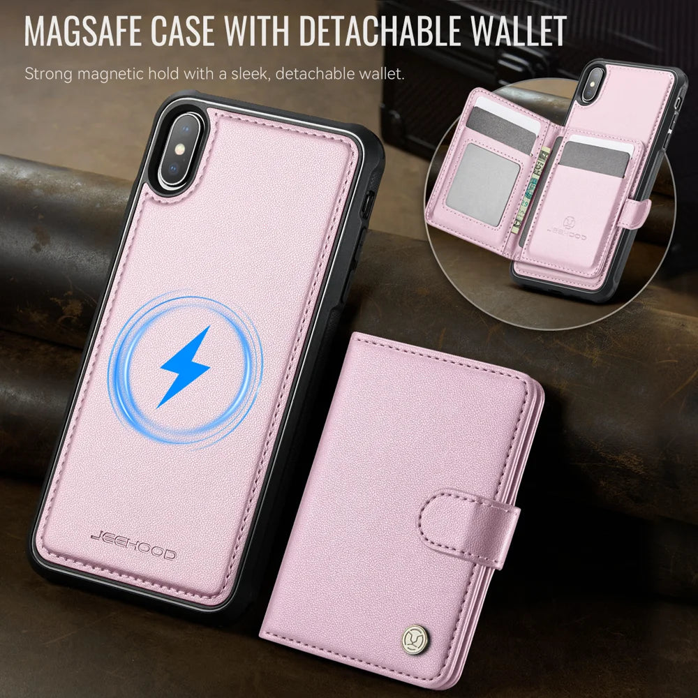 JEEHOOD For iPhone XS Max 6.5 inch Case  J09 RFID Blocking Card Holder Leather Back Phone Cover Compatible with MagSafe - Pink - 5