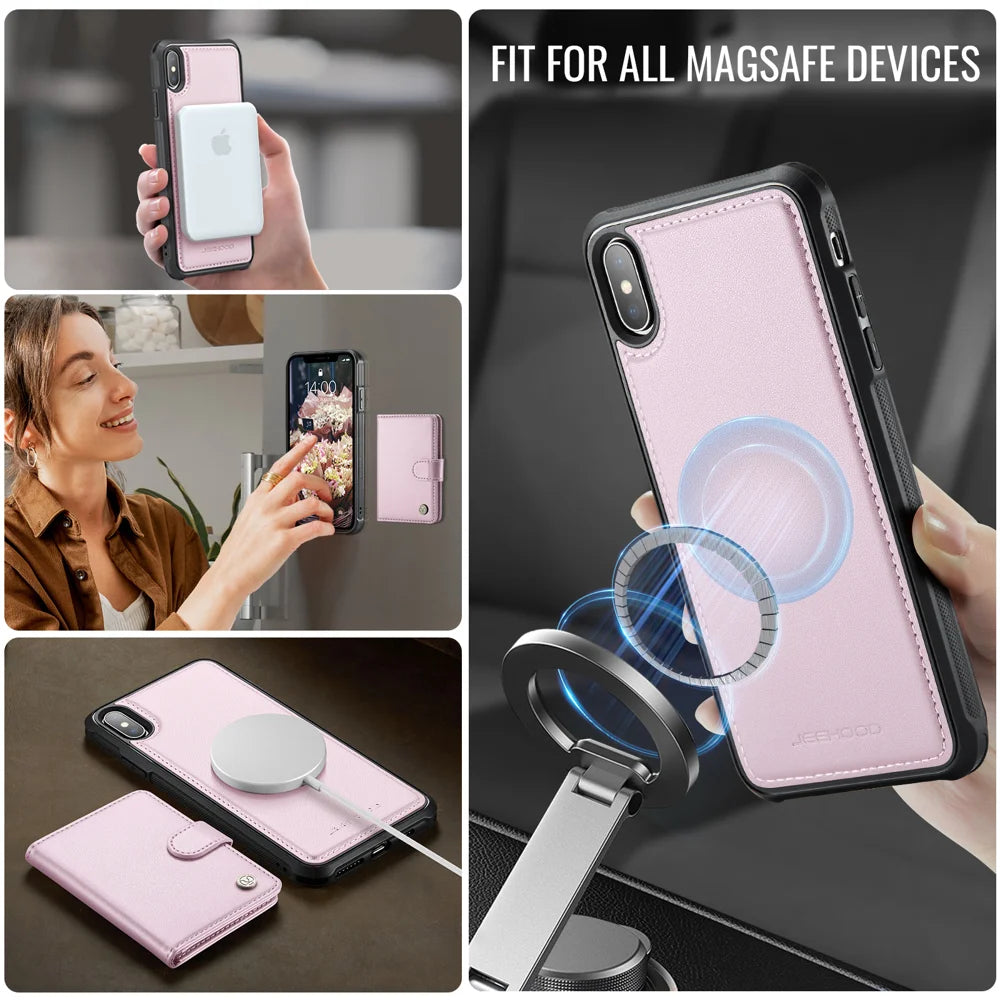 JEEHOOD For iPhone XS Max 6.5 inch Case  J09 RFID Blocking Card Holder Leather Back Phone Cover Compatible with MagSafe - Pink - 6