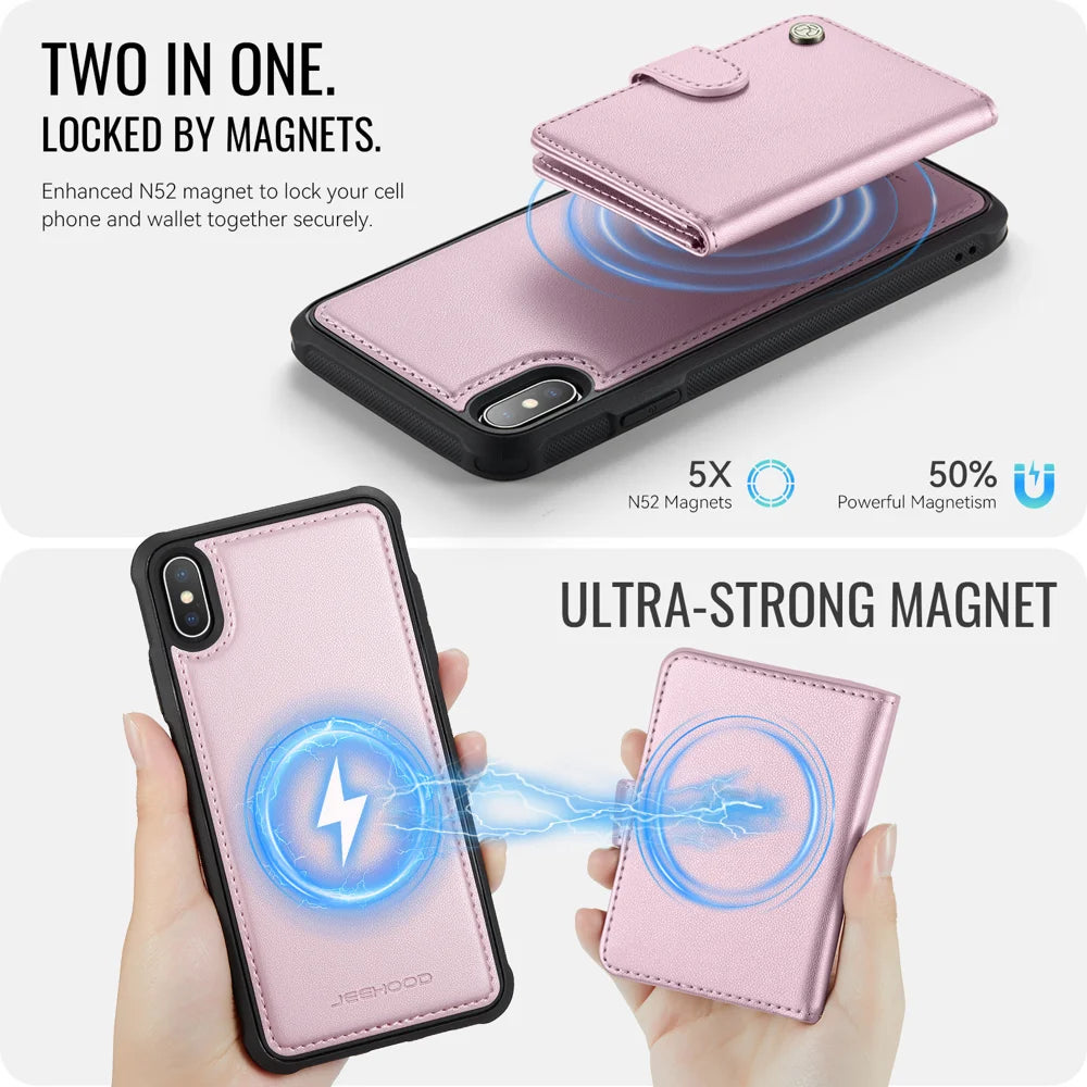 JEEHOOD For iPhone XS Max 6.5 inch Case  J09 RFID Blocking Card Holder Leather Back Phone Cover Compatible with MagSafe - Pink - 7