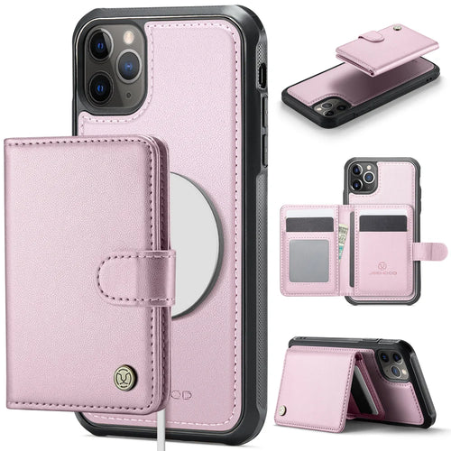 JEEHOOD For iPhone 12 Pro Max 6.7 inch Case  J09 RFID Blocking Card Holder Leather Back Phone Cover Compatible with MagSafe - Pink - 1