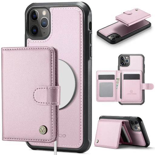 JEEHOOD For iPhone 12 Pro Max 6.7 inch Case  J09 RFID Blocking Card Holder Leather Back Phone Cover Compatible with MagSafe - Pink - 1
